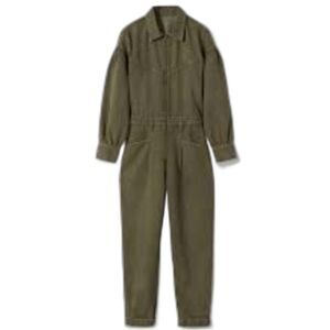 MANGO Army Green Long Denim Coverall Jumpsuit Front Zip Long Sleeve Pockets XL